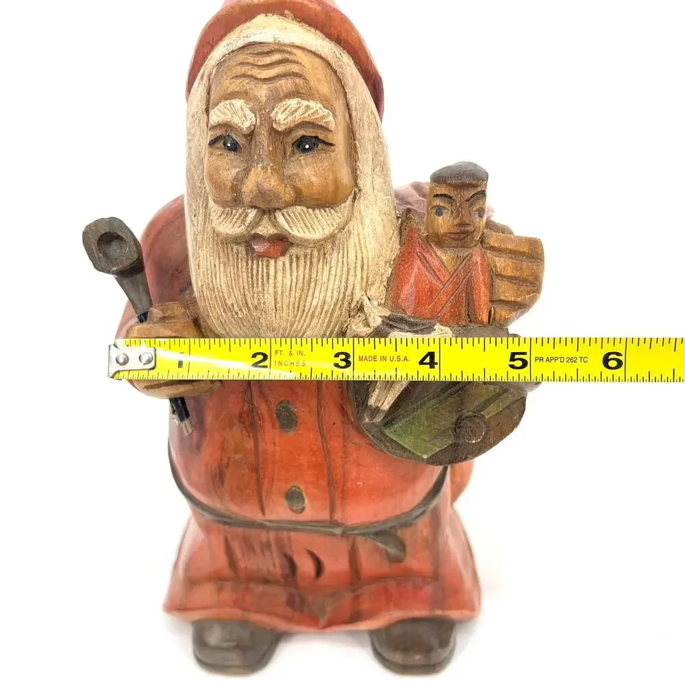Vintage 80s Solid Wood Hand Carved Primitive Santa with Toy Sack and Pipe